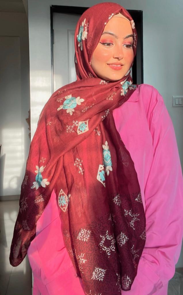 Maroon Floral Embroidered Hijab/Scarf