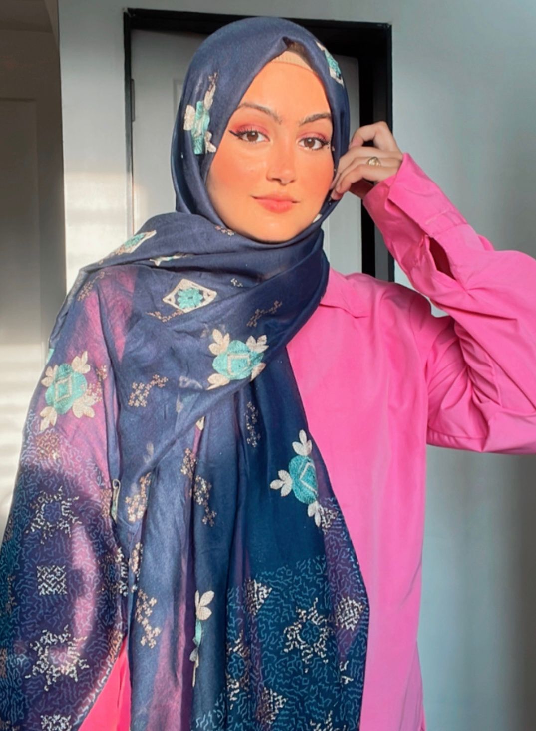 Navy Blue Floral Embroidered Hijab/Scarf