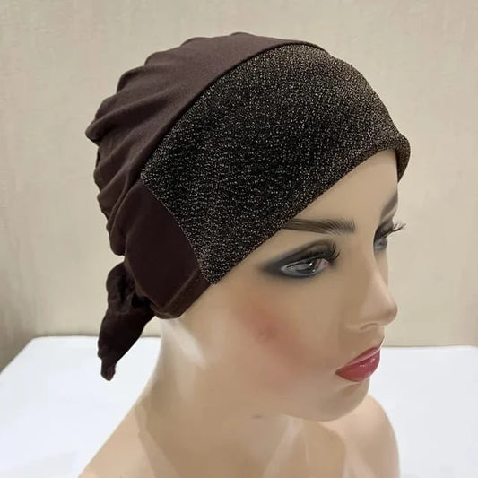 Brown Shimmer tie-back Hijab Cap